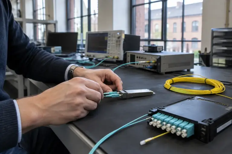 Engineer's hands connecting aqua fiber jumpers to an optical transceiver on a lab bench