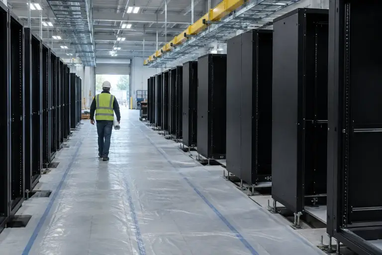 Person carrying rolled drawings through a new data hall with empty cabinets and overhead ladder rack