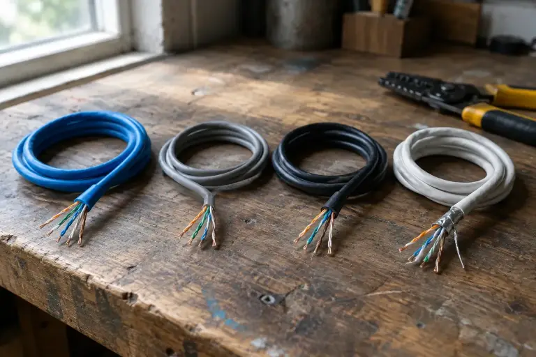 Four coils of different ethernet cables on a wooden bench with stripped ends showing twisted pairs