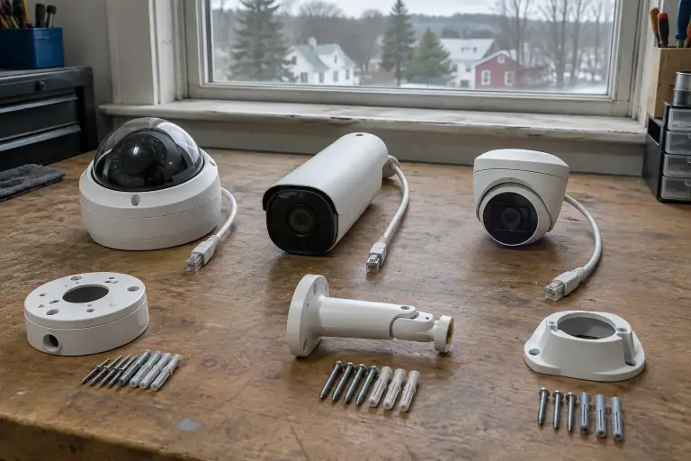 Dome, bullet and turret security cameras lined up on a technician's workbench before installation