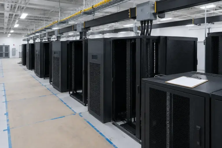 Unfinished data center room with cooling units, empty cabinets, overhead power busway and fiber raceway