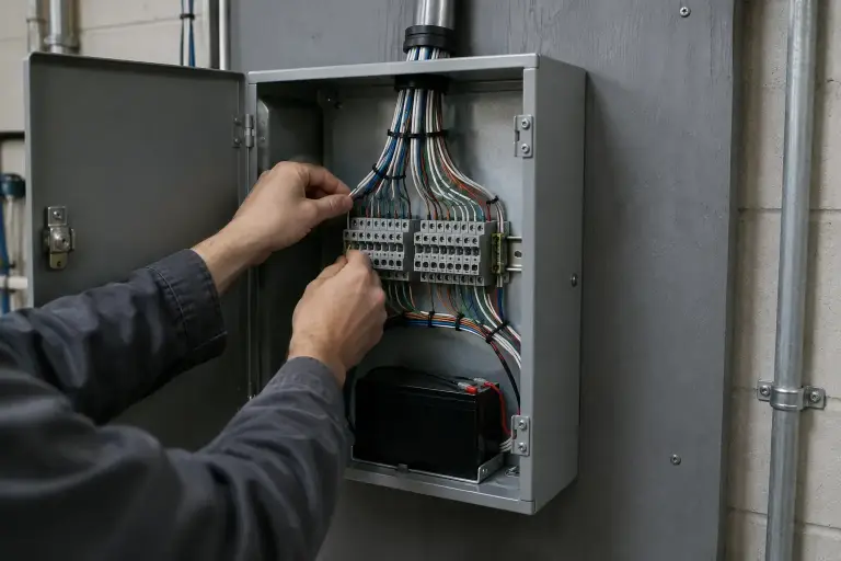 Hands terminating composite cable conductors inside an open access control panel enclosure on a backboard