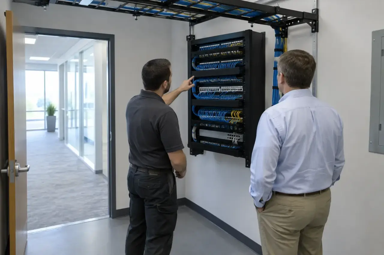 Technician showing a business client a wall-mounted network rack in an office telecom room