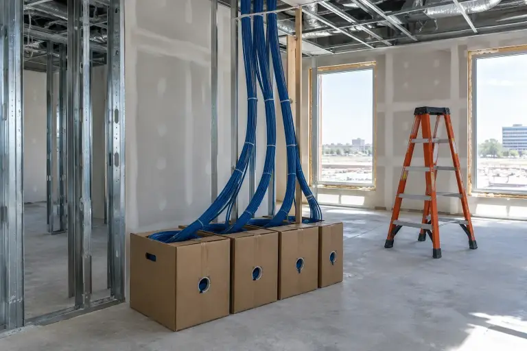 Plain boxes of bulk ethernet cable feeding up into an open office ceiling during construction