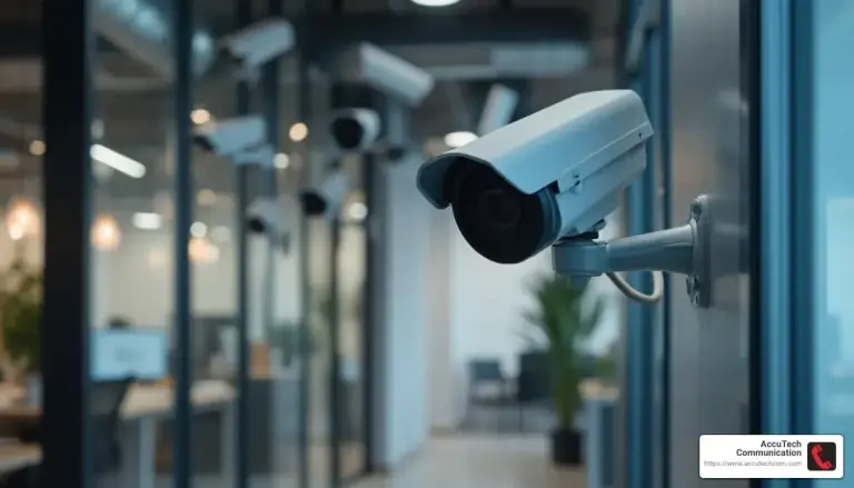 White bullet security camera mounted on a wall inside a modern glass-walled office with more cameras behind