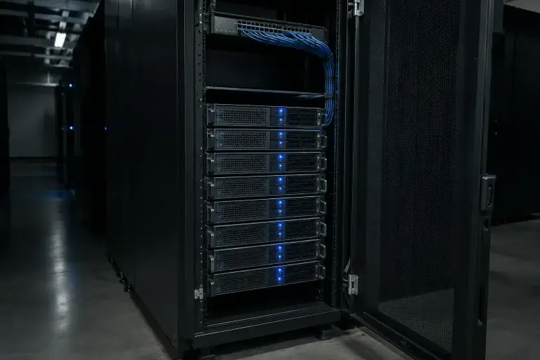 Cabinet of identical rack servers linked by short cables to a switch at the top