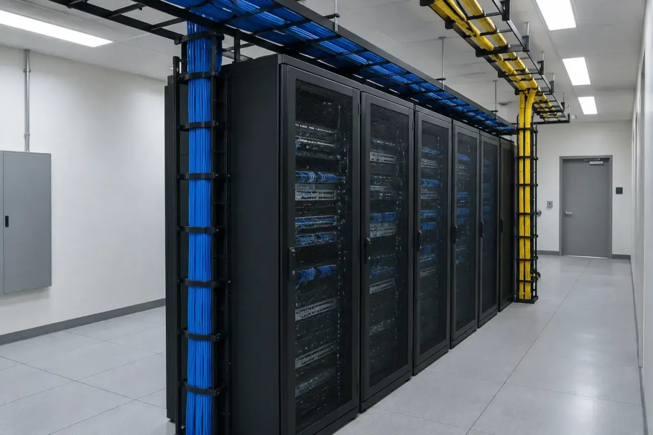 Row of enterprise network racks with blue copper and yellow fiber in separate managed pathways