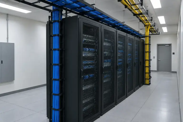 Row of enterprise network racks with blue copper and yellow fiber in separate managed pathways