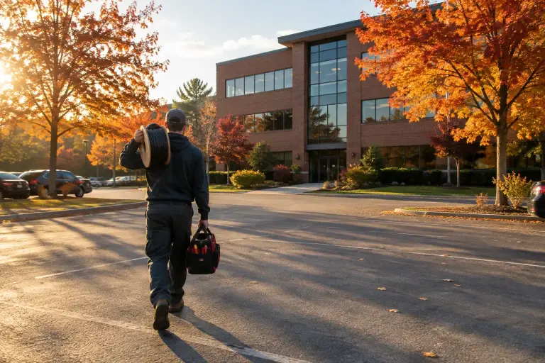 Technician carrying a tool bag toward a brick suburban office building among autumn trees