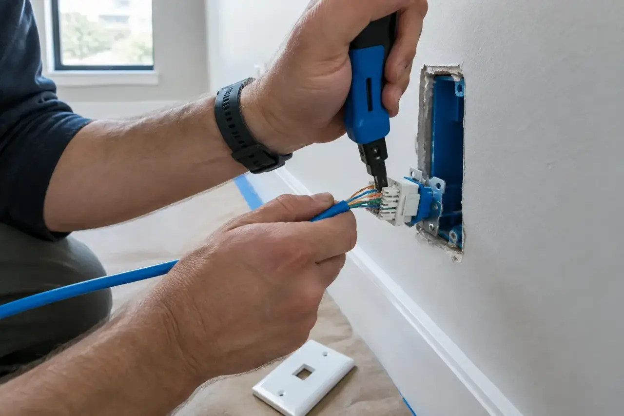 Hands terminating a blue network cable into a wall jack with a punch-down tool