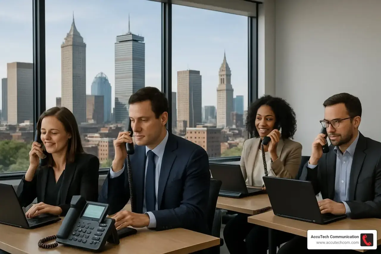 Four office workers talking on corded desk phones at laptops with a city skyline through tall windows