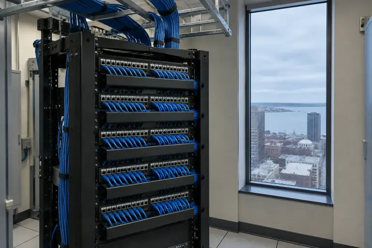Dressed patch panel on a two-post rack in a high-rise telecom room with a city view