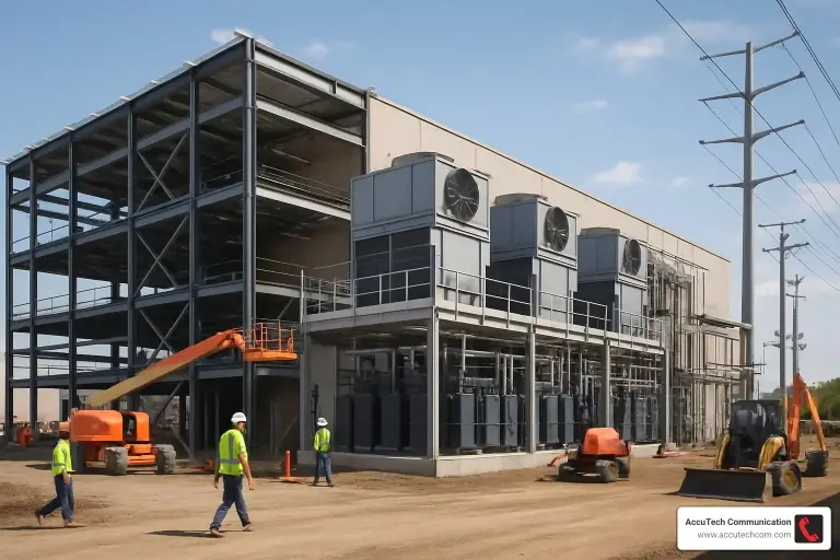 Workers in high-visibility vests walking past a steel-framed building under construction with rooftop cooling units and lifts