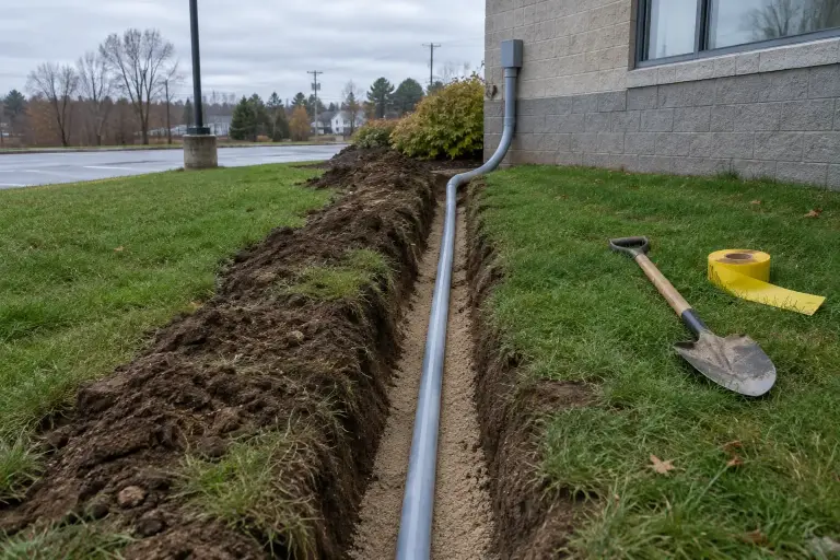 Gray conduit laid in a narrow lawn trench beside a small commercial building