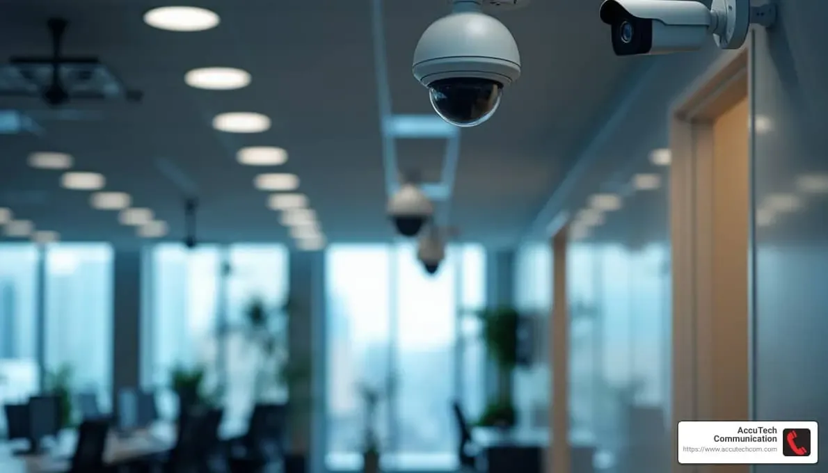 Dome and bullet security cameras mounted along the ceiling of a bright open-plan office