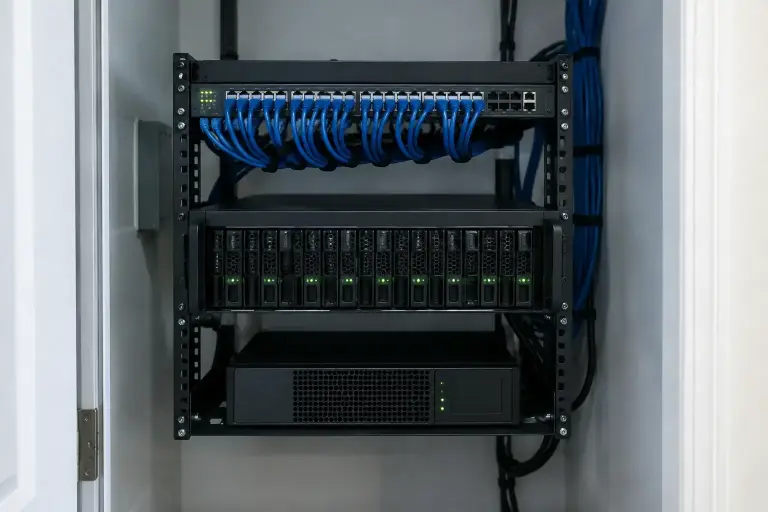 Video recorder and power-over-ethernet switch with camera cables patched in a small rack