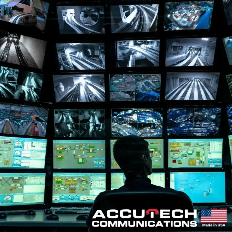 Person seated before a wall of monitors showing rail track camera feeds and control system diagrams