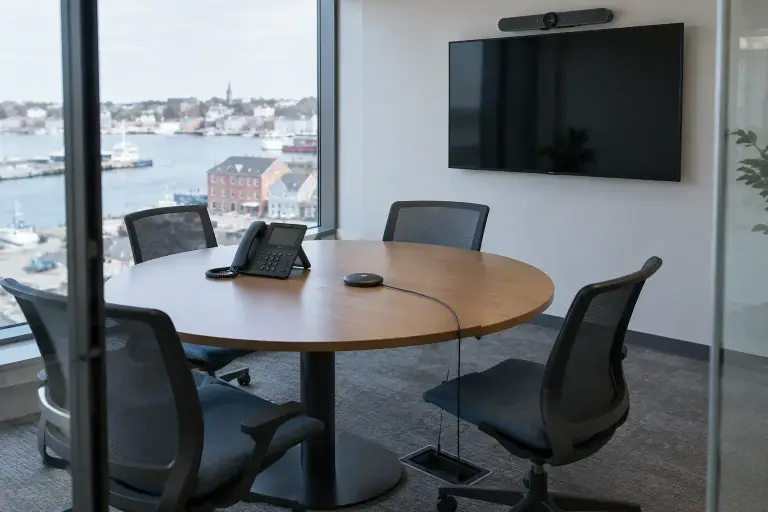 Small meeting room with a video camera bar, desk phone and floor data box