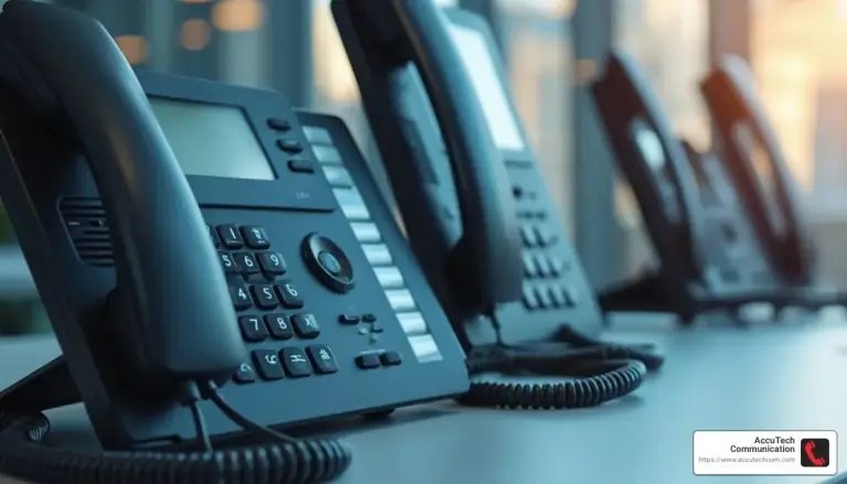 Row of black IP desk phones with display screens and coiled handset cords on an office counter
