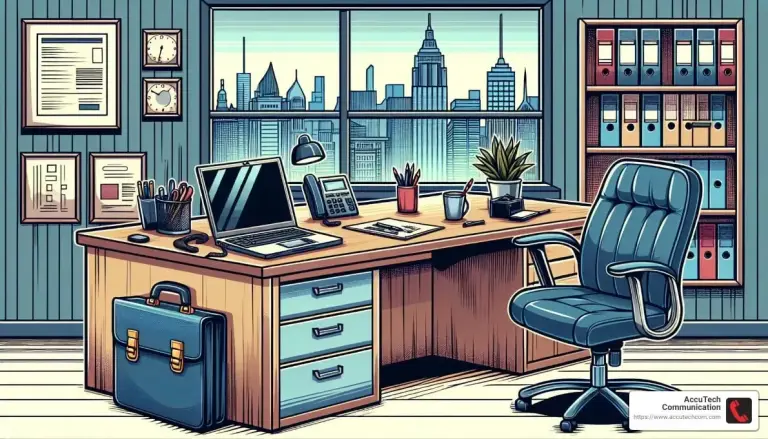 Illustration of an office desk with a laptop, desk phone and leather chair before a city skyline window