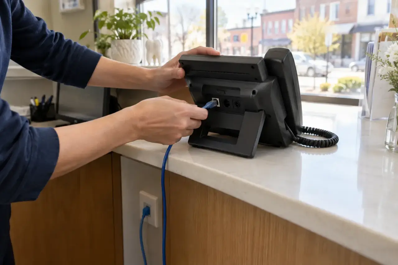 Hands plugging a network cable into a new desk phone at a reception counter