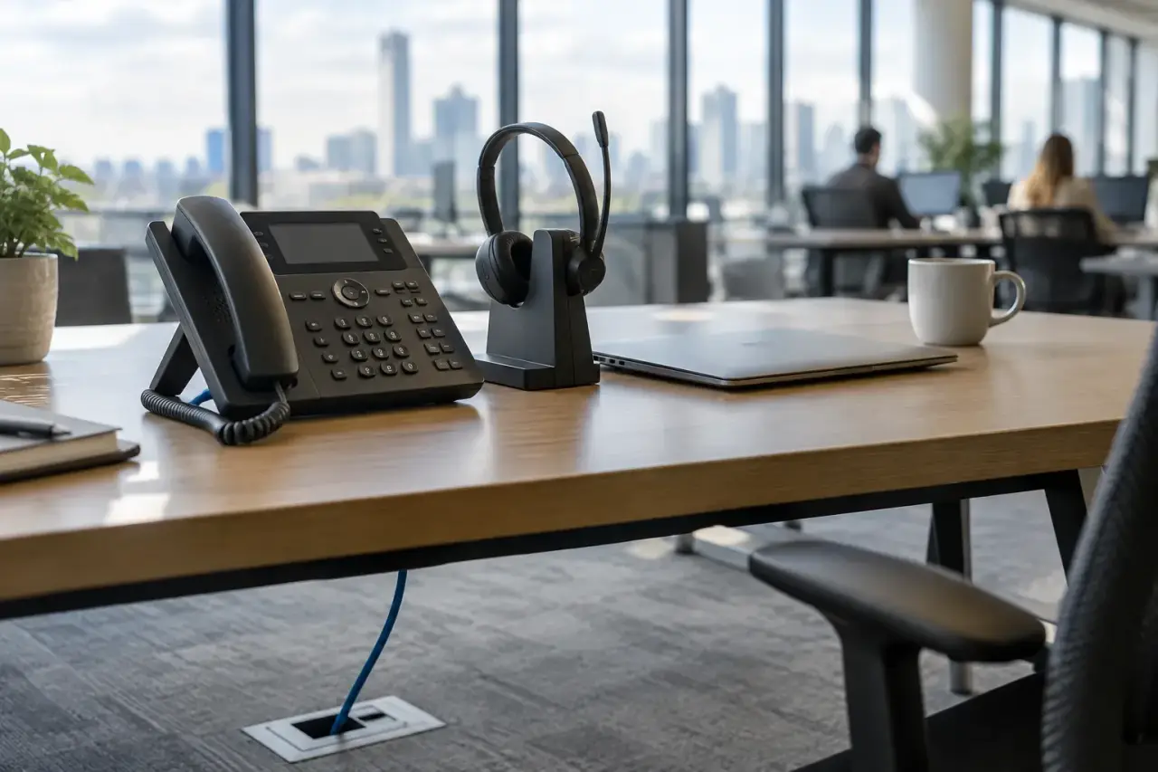 Desk IP phone and wireless headset on a modern open office desk near windows