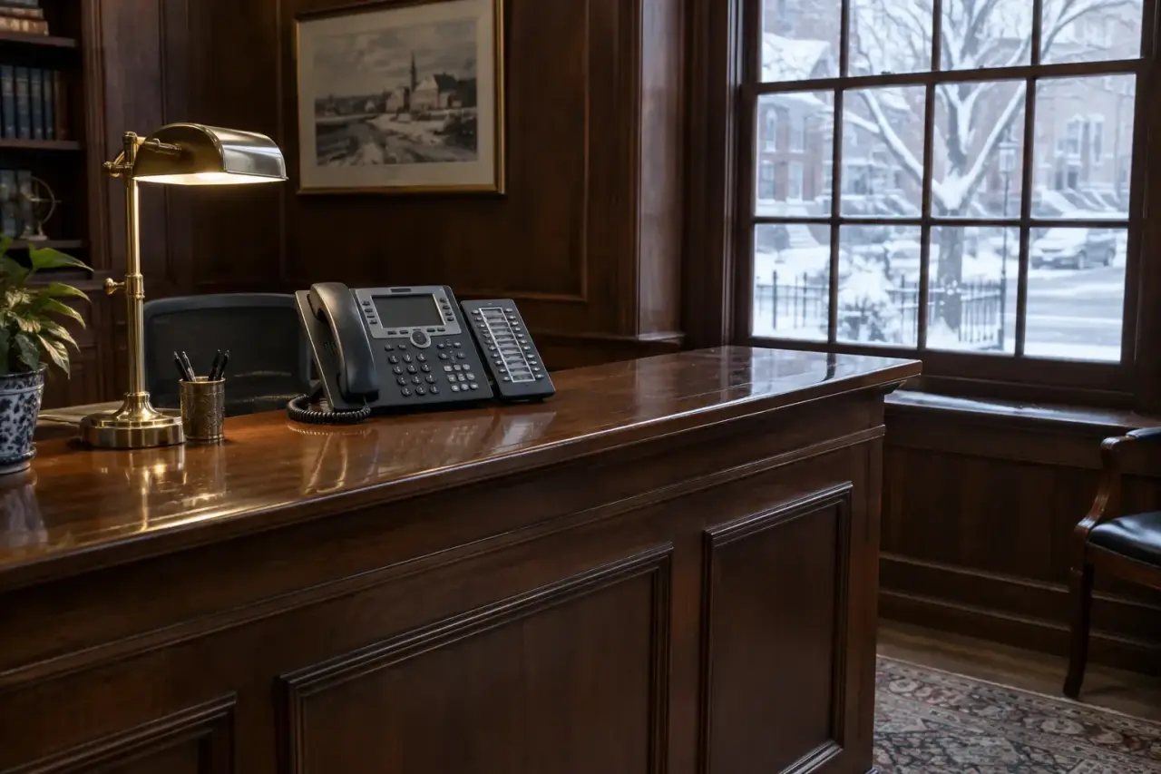 Multi-line desk phone on a wood-paneled reception desk with snowy window light
