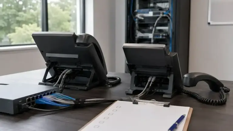 Two desk phones cabled to a network switch beside a checklist clipboard with an equipment rack behind