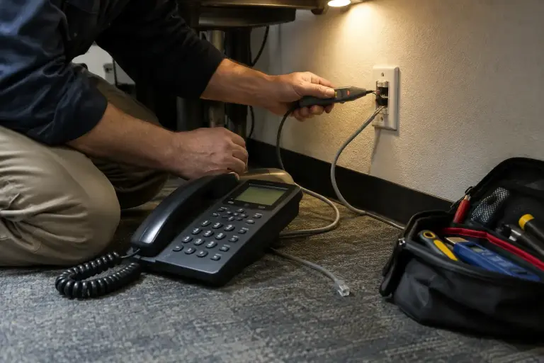 Hands holding a tone probe at an office wall jack beside an unplugged desk phone