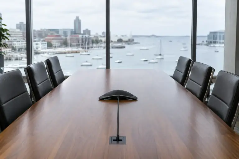 Conference speakerphone on a long table in a meeting room overlooking a harbor