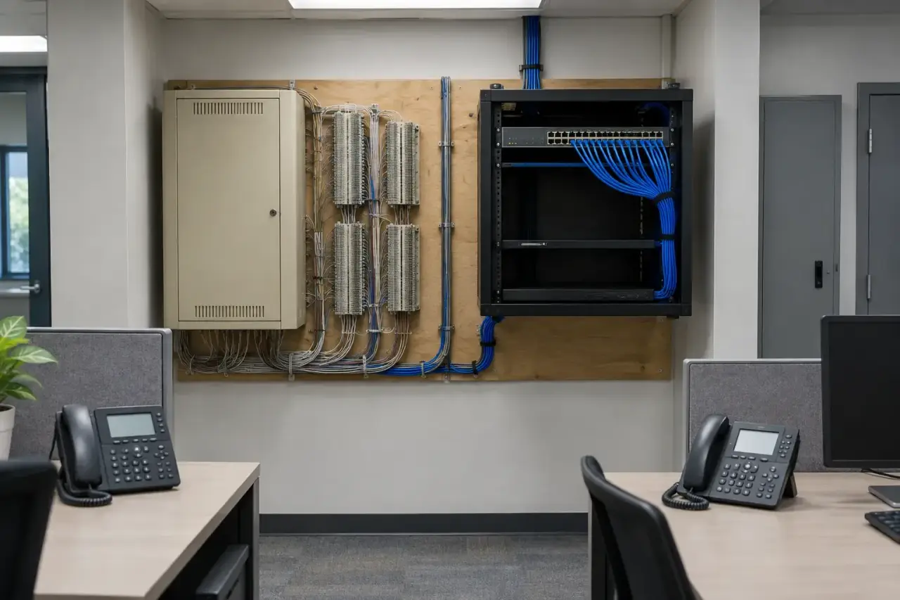 Old phone system cabinet beside a new network switch on a telecom closet backboard