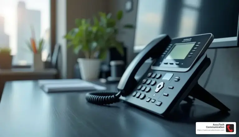Black IP desk phone with a color screen on a dark desk beside a potted plant