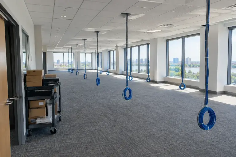 Empty new office with coiled network drops at future desk positions and a cart of equipment