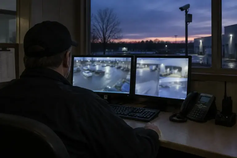 Security staff member viewing blurred camera feeds on two monitors in a plant office