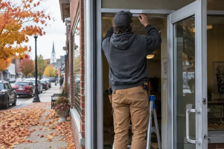 Technician fitting a door contact sensor to a storefront entry door frame in autumn
