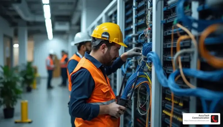 Technicians in hard hats and orange vests working on dense blue and orange cabling in network racks