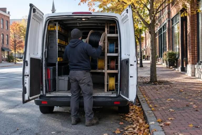 Technician unloading a reel of cable from an organized work van on a brick street