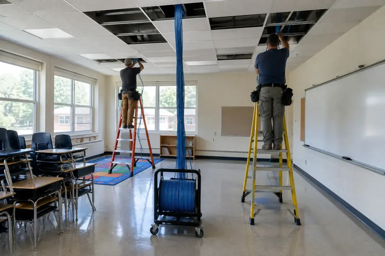 Two technicians pulling blue cables into the ceiling of an empty school classroom