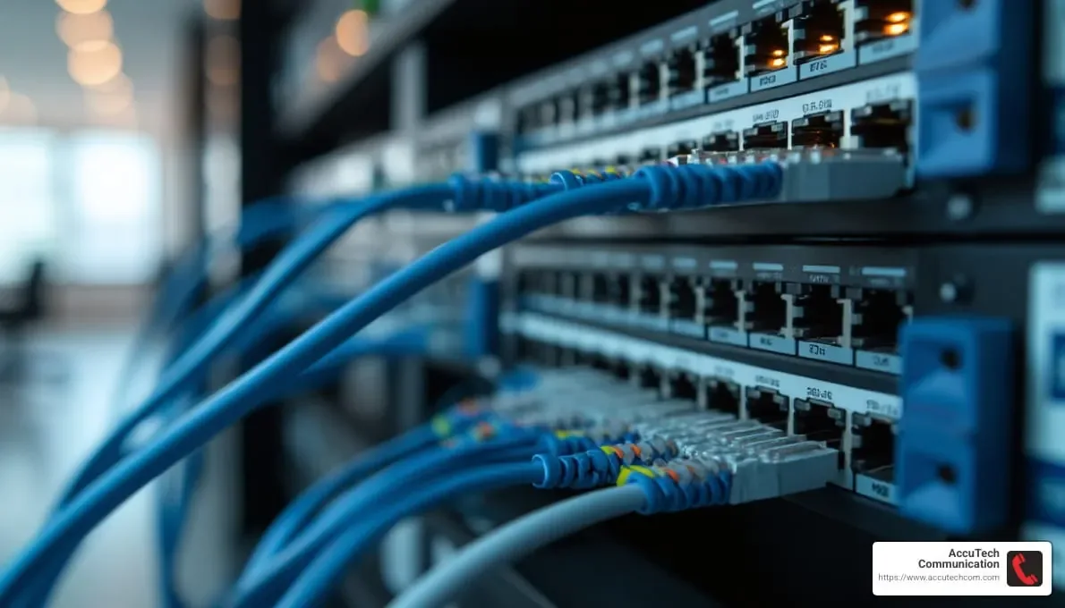 Blue patch cables plugged into rows of ports on rack-mounted network switches