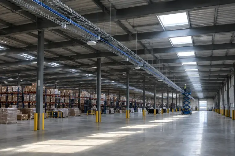 Long overhead cable tray runs in a large warehouse with a technician on a scissor lift