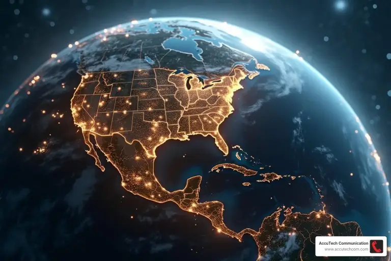 Glowing map of North America at night seen from space with bright city lights
