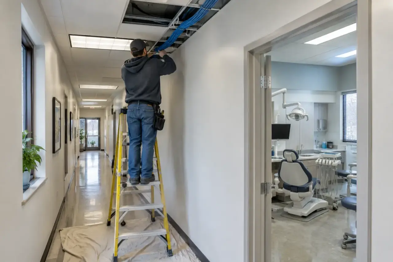 Technician on a ladder routing cables above a dental clinic corridor ceiling
