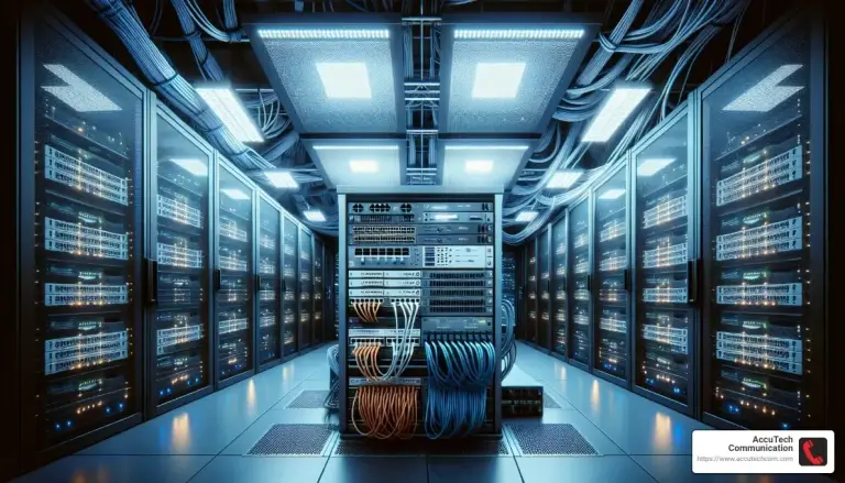 Illustrated server room aisle with a central rack of orange and blue patch cables under overhead cable runs