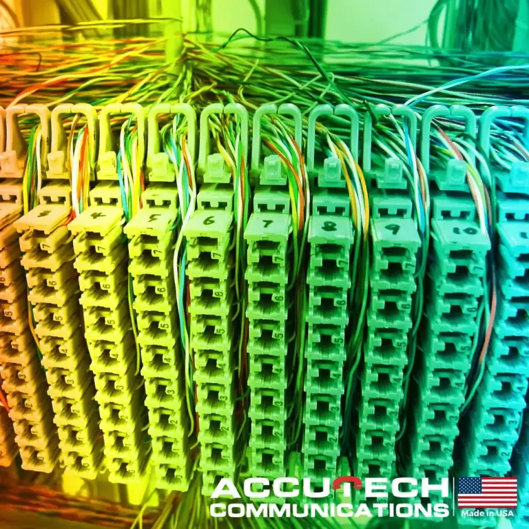 Rows of numbered punch-down blocks with colorful twisted-pair wires under a green color tint