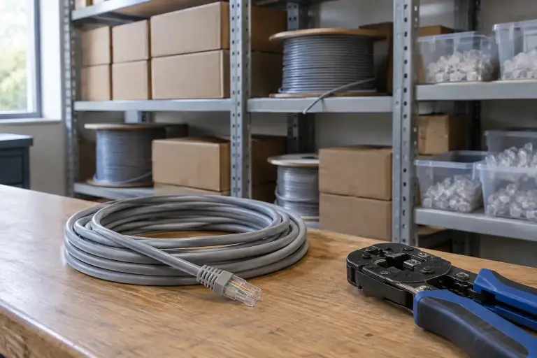 Shelves of gray network cable boxes and bins of plugs in a supply room