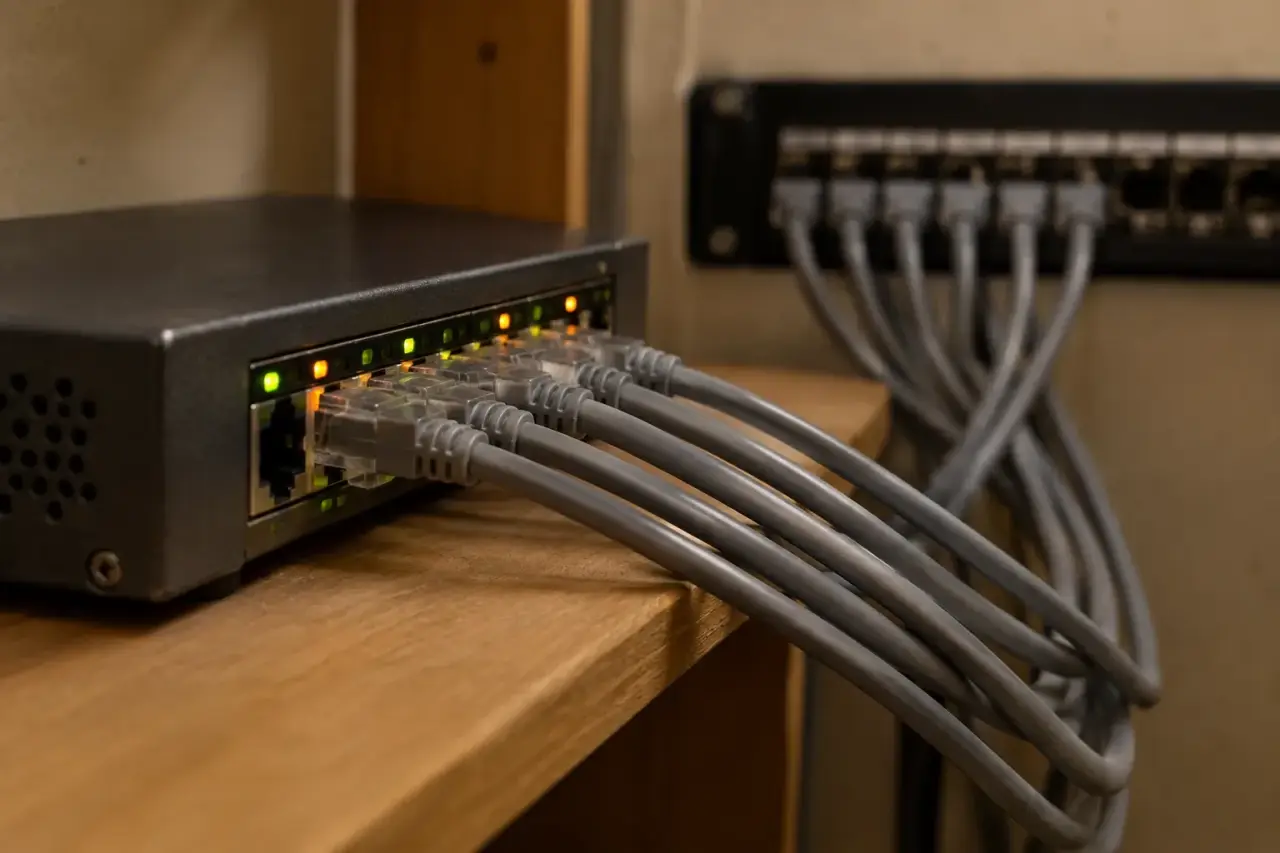 Gray patch cords plugged into a small network switch with glowing link lights