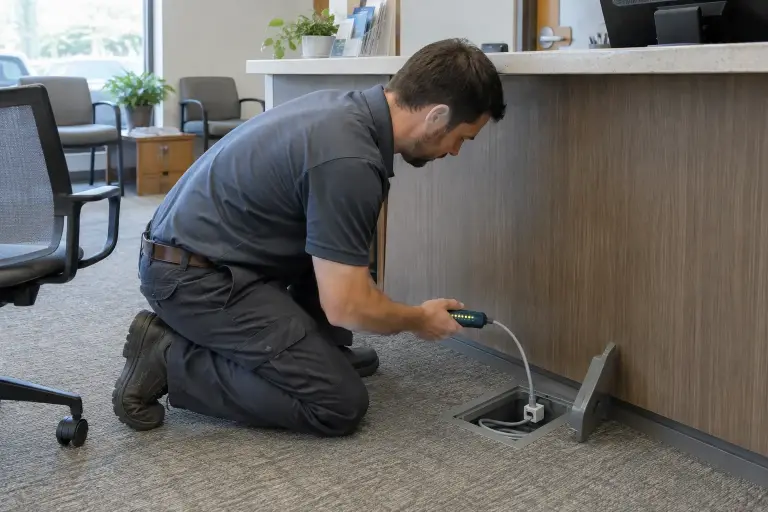 Technician kneeling under a counter testing a gray cable at a floor data jack