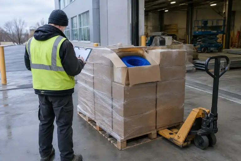 Pallet of boxed blue network cable delivered to a commercial loading dock
