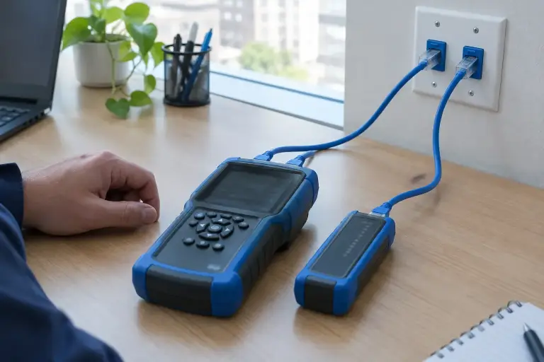 Cable certification tester and remote unit connected to blue wall outlets on a desk