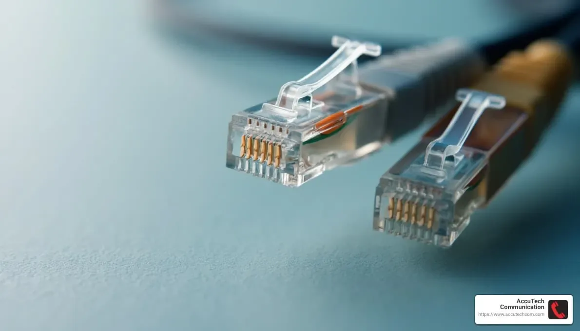 Close-up of two clear RJ45 plugs on gray network cables resting on a blue-gray surface